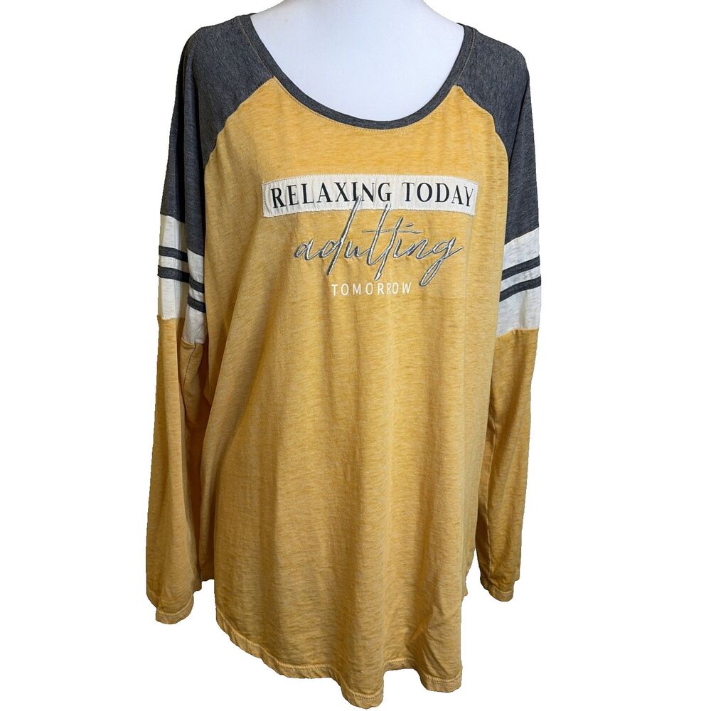 Maurices Graphic Raglan Tee XXL Womens Yellow Gray Long Sleeve Adulting Tomorrow